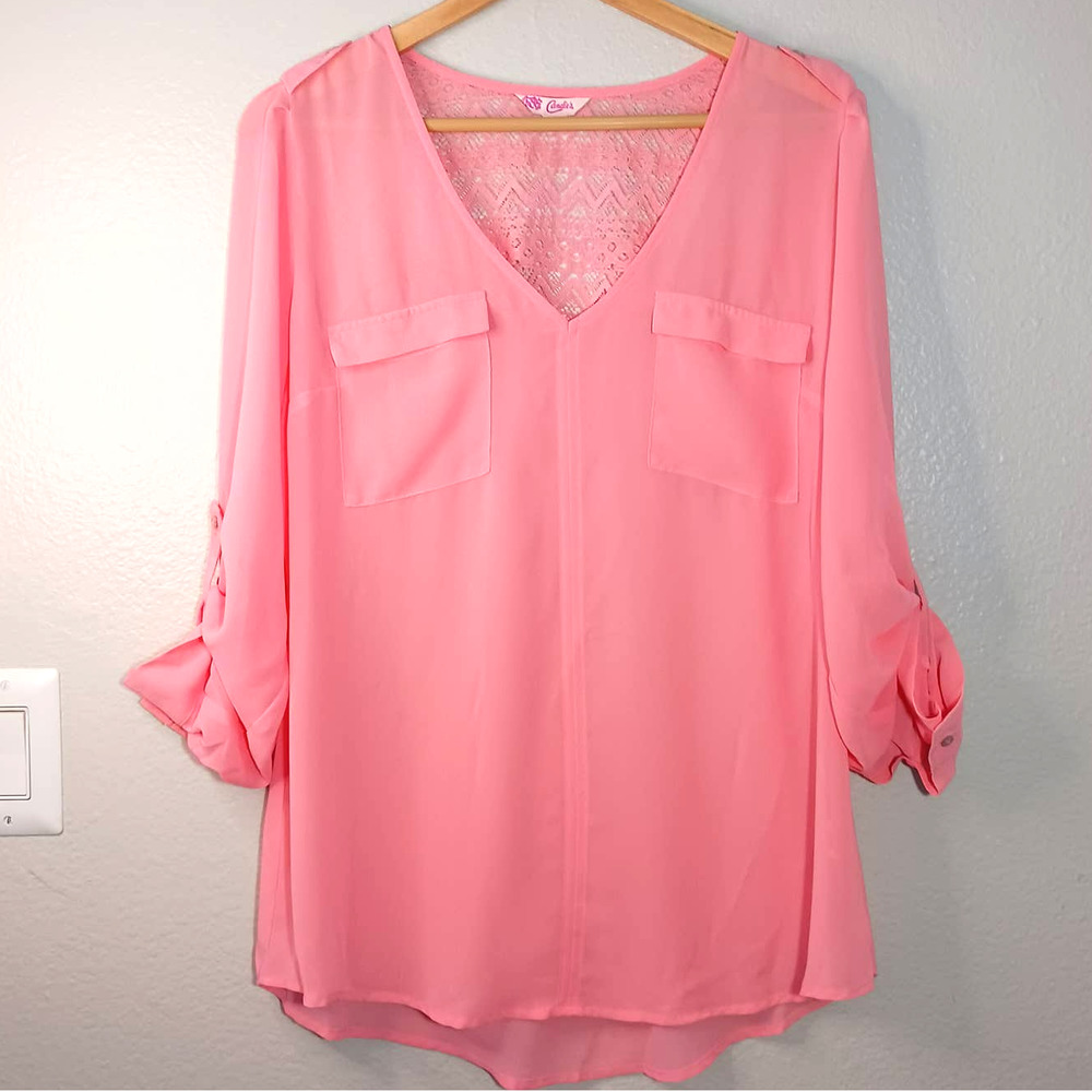 Candie's Chiffon Lace V Neck Front Pockets 3/4 Sleeve Orange Coral Sz XL Blouse